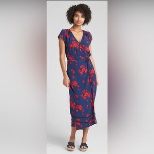 GAP wrap Navy and Red Floral midi Dress, size large